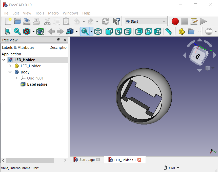 FreeCad 0.19 showing the LED holder part