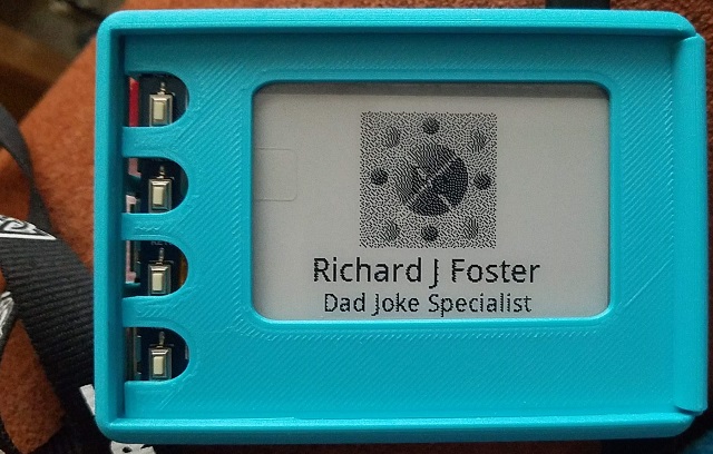 e-Paper display reading Richard J Foster - Dad Joke Specialist